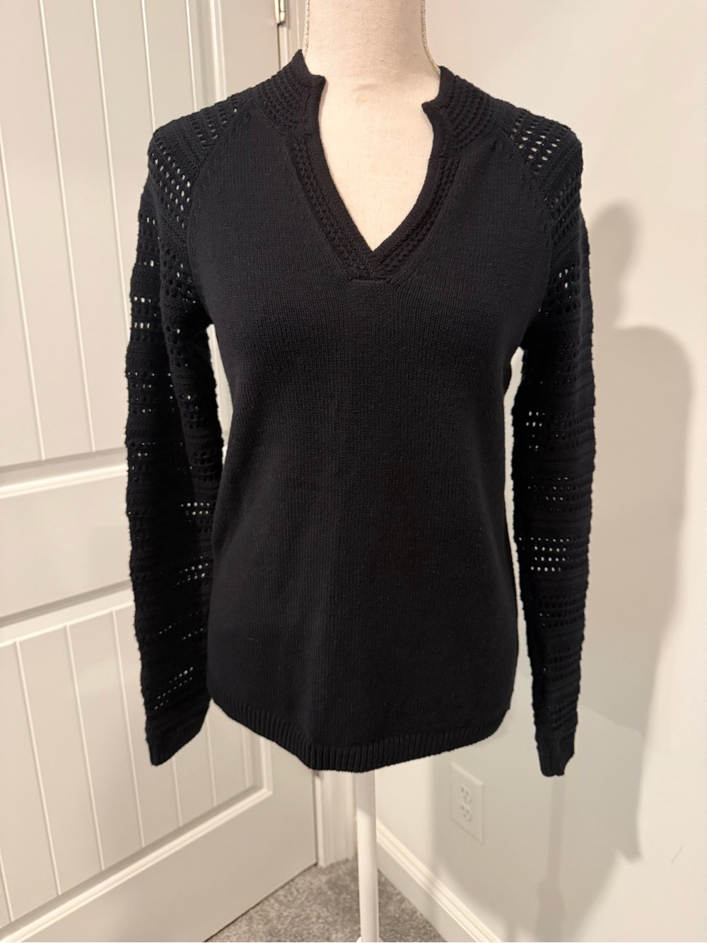Talbots Black V-Neck Open-Knit Sleeve Sweater